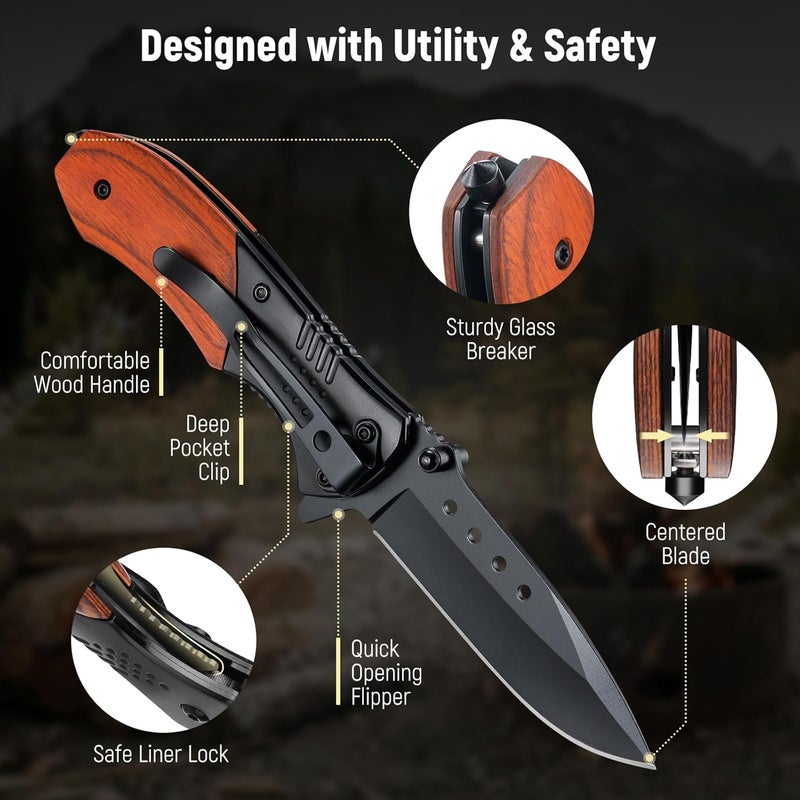 KEXMO Pocket Knife for Men - 2.98" Sharp Blade Wood Handle Pocket Folding Knives with Clip, Glass Breaker - Small EDC Knives for Survival Camping Hunting Fishing Hiking Women, Black - Image 3